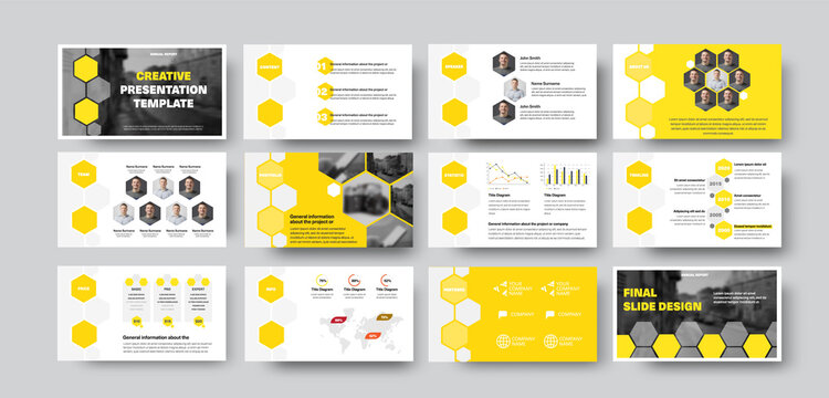 Vector infographic template with hexagons, photos, presentation slide with yellow design.