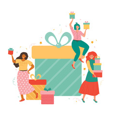 Giant gift boxes and group happy tiny women with a bunch of presents. People are holding gift boxes and celebrating birthday, Christmas, new year or important event. Holiday shopping and seasonal sale