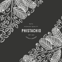 Hand drawn phistachio branch and kernels design template. Organic food vector illustration on chalk board. Retro nut illustration. Engraved style botanical banner.
