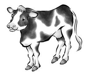 牛の墨絵イラスト　年賀素材　2021　丑年【モノクロ】