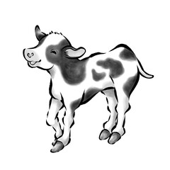 かわいい仔牛の墨絵イラスト　年賀素材　2021　丑年【モノクロ】