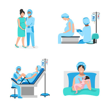 A pregnant woman gives birth to a baby in the hospital. Epidural anesthesia. Thanks to the doctors and nurses. Set Vector illustration isolated on white background.
