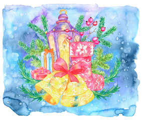 Christmas and New Year greeting card with lantern, candle, bell and traditional objects against blue painted background.