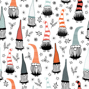 Seamless vector background Christmas gnome. Hand drawn illustration of gnomes black red repeating pattern. Holiday design for decor, fabric, gift wrap