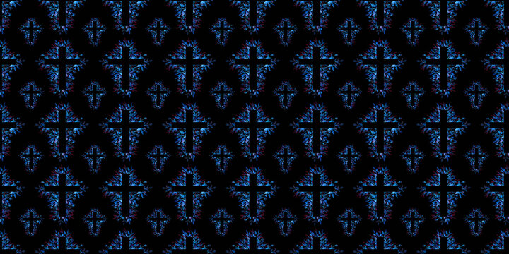 Blue Watercolor Floral Religios Cross Seamless Pattern On A Black Background. Catholic And Orthadox Illustration. Easter, Baptism, First Communion Endless Print. Christian Wallpaper.