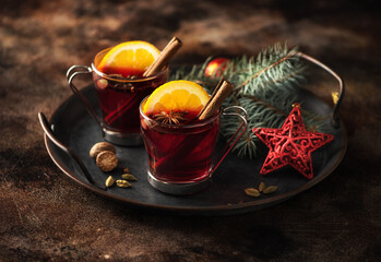 Christmas hot wine with spices mulled wine in glass cups on the table. Holiday concept, Christmas...