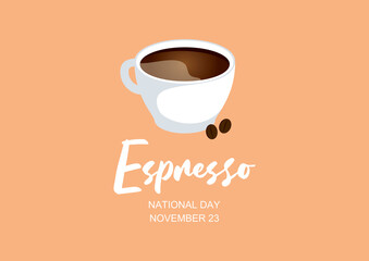 National Espresso Day vector. Cup of coffee icon vector. White cup of coffee isolated on a brown background. Espresso Day Poster, November 23. Important day