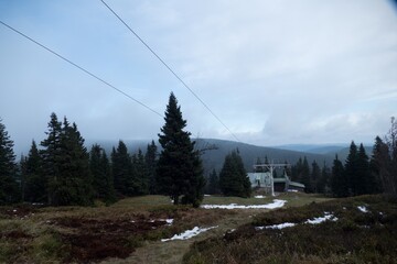 ski lift out of season om a meadow