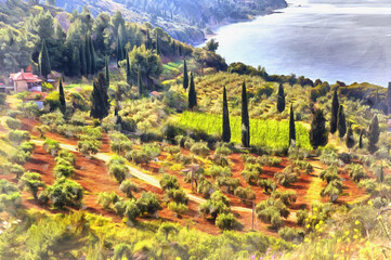 Fototapeta na wymiar View on valley with olive trees colorful painting looks like picture