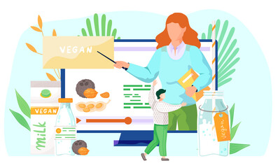 A man reaches for a bottle with a milk coctail with a straw and watches an online video lesson about the benefits of eating, veganism and vegetarianism. Plant-based vegan milk. Healthy lifestyle