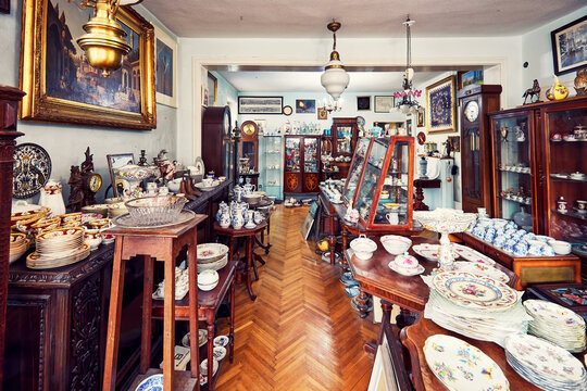 Interior of an antique store with old vintage classical objects and furniture in Ankara, Turkey.