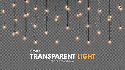Light garland on transparent background. Shining Christmas lights