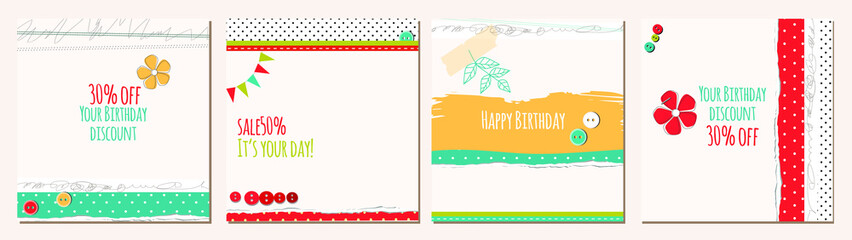 Scrapbook cards with torn paper, doodles, stickers and buttons. Trendy templates for holiday, invitation, advertisement, sales.