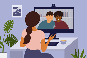 Video call with friends. Girl talking to couple people by computer webcam. Online conference, virtual meeting. Young man and woman chatting remotely. Stay home, social distancing. Vector illustration
