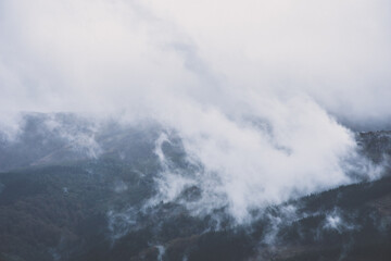 Bosque y monta&ntilde;a misterioso con nubes