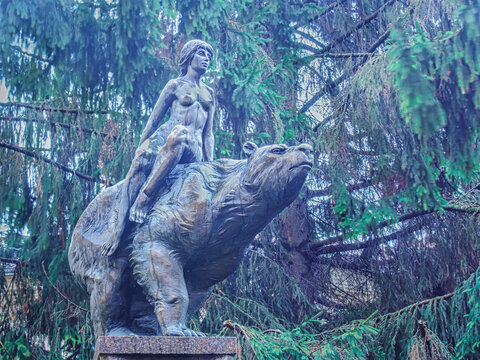 VILNIUS, LITHUANIA-DECEMBER 8, 2017: Statue  Statue "Medeina" by Marius  Gru&scaron;as. Medeina is one of the main deities in the Lithuanian mythology.