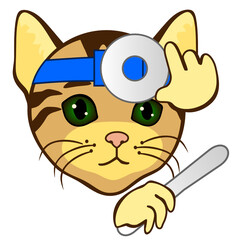 emoji with ENT or ear, nose & throat medical doctor prepares his head mirror device to examine & diagnose patient, simple hand drawn emoticon, cat face