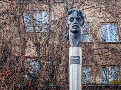 VILNIUS, LITHUANIA-NOVEMBER 28, 2017: Monument to American composer, guitarist and singer Frank Zappa by sculptor Konstantinas Bogdanas. It was the first statue of Frank Zappa in a world