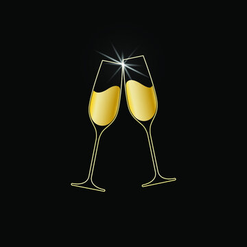 Clink glasses champagne graphic icon. Cheers with two champagne glasses sign isolated on black background. Vector illustration