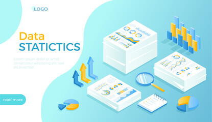 Data statistics, document analysis, archive. Stacks of documents with graphs, charts, diagrams. Research and information processing. Isometric vector illustration for website.