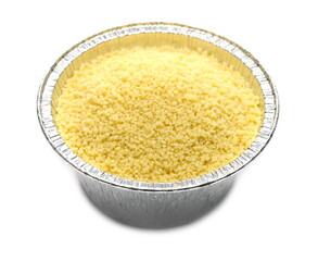 Couscous in aluminum bowl isolated on white background