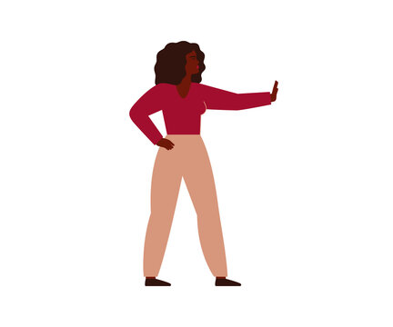 Strong Black woman says no with gesture arm. African girl activist rejects and raised her hand with a stop sign. Concept of against domestic violence and female abuse. Vector illustration