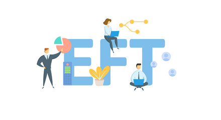 EFT, Electronic Funds Transfer. Concept with keywords, people and icons. Flat vector illustration. Isolated on white background.