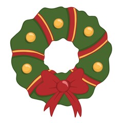 Cute Christmas wreath pine tree red bow and bells decoration xmas illustration vector clipart element isolated on a white background