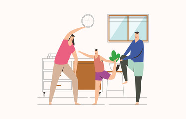 Sport family exercising at home. How to keep fit indoors. Fitness and morning workout in cozy interior. Healthy lifestyle and wellness concept. Flat vector illustration