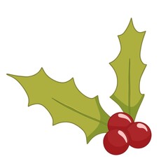 Cute holly love lucky festive green branch leaves and red berries Christmas xmas illustration vector clipart element isolated on a white background