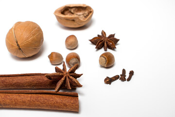 Aromatic spices collection, christmas decoration, falling igredients for mulled wine.