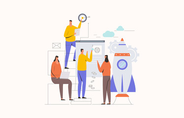 Startup working team. Launch a new product on a market. Vector business illustration, for web page, banner, presentation, social media, documents, cards, posters.