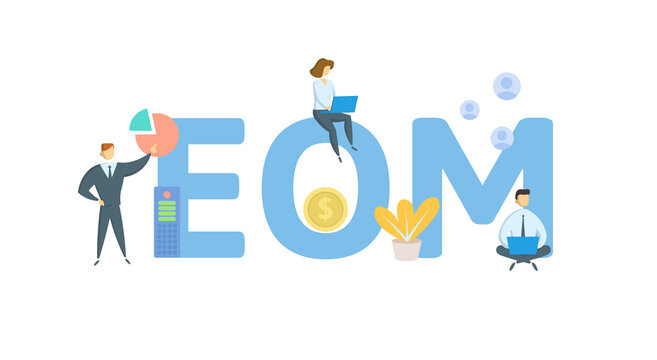EOM, End of month. Concept with keywords, people and icons. Flat vector illustration. Isolated on white background.