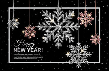 New Year banner with rose gold and silver shimmer hanging snowflakes on black background. Vector illustration. Winter template design for posters, flyers, brochures, vouchers. All isilated and layered