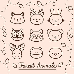bundle of kawaii animals with leaves plant line style