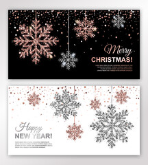 New Year and Christmas posters set with rose gold and silver hanging snowflakes. Vector illustration. Winter template design for web banners, invitations, vouchers. All isolated and layered