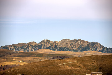 Lessinia Plateau (Altopiano della Lessinia) and the Carega Mountain, called the small Dolomites, view from the peak of Corno d'Aquilio, Verona province, Veneto, Italy, Europe.