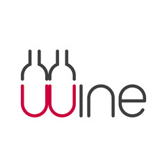 Logotipo lineal con tipografía Wine con botellas de vino en letra w en color gris y granate