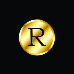 Golden and Silver Colored Alphabetic Design of R letter .Logo Design for Letter R .Letter R is Enclosed in Two Circle .Unique Combination of Golden and Silver Colored Gradient.