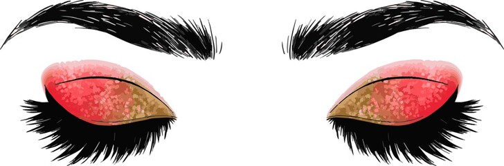 Hand drawn illustration vector closed eyes pale red green yellow gold festive Christmas xmas glitter eyeshadow makeup designer