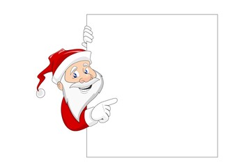 smiling Santa Claus showing on white board with empty space for messages. Santa Claus with copy space