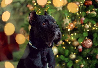 Close-up portrait of a black Cane Corso against the background of a Christmas tree. Lights, garlands and Christmas toys in the background. New year greeting card with dog and magic bokeh