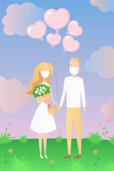 Bride and groom in face masks. Cartoon. Vector illustration.
