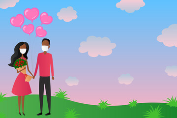 African couple in masks holding hands. Cartoon. Vector illustration.