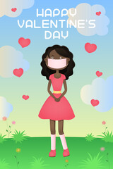 Valentine card. African girl in face mask. Vector illustration.