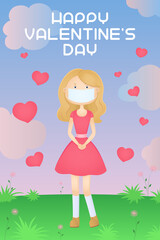 Valentine card. Girl in face mask. Vector illustration.