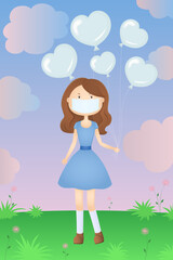 Girl in mask hold heart shaped helium balloons. Cartoon. Vector illustration.