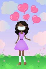 African girl in mask hold heart shaped helium balloons. Vector illustration.