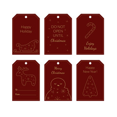 Collection of six Christmas and New Year cute invitation tags. Set of holiday label with sleigh, candy cane, deer, snowman, tree in gold color on dark red background. Vector seasonal badge design