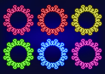 Neon frame. Set of neon signs of covid-19 molecules in different colors. Laser glowing lines on a dark background. Neon sign. Pandemic.